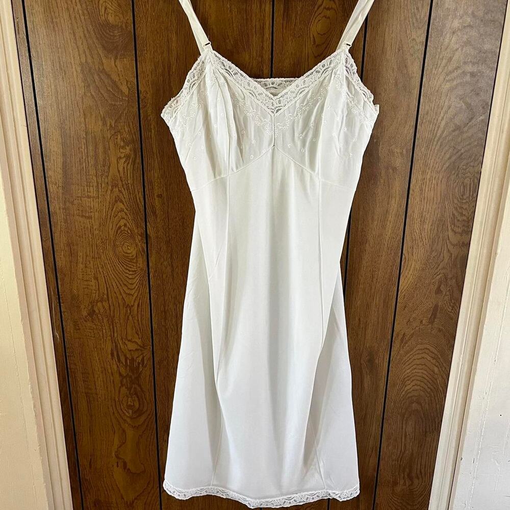 Sears Vintage white slip dress size 36 tall Lace Embroidered Details Nylon Sheer